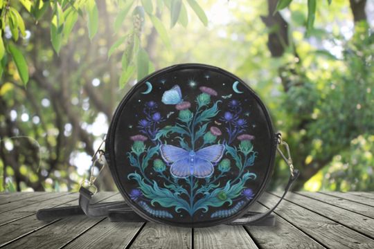 Magical Blue MOTH & THISTLE Round Crossbody Sling Bag, Small Shoulder Bag with Moon Moth and Thistle Flowers, Witchy Vegan Leather Messenger