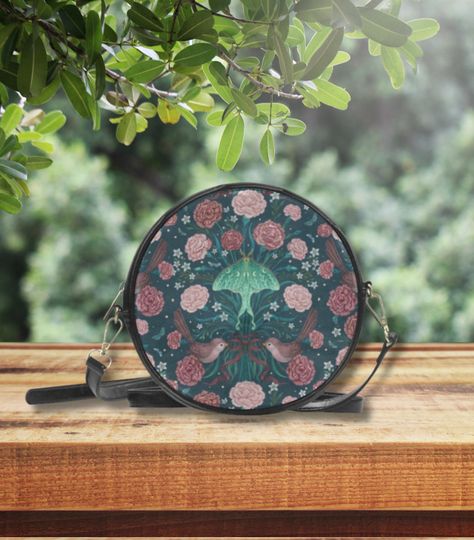 Green LUNA MOTH BIRD Song & Carnation Flowers Round Crossbody Bag, Mystical Moth Sling Bag, Floral Birds Messenger Bag