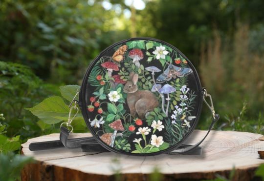 FLORAL BUNNY COTTAGECORE Round Crossbody Bag, Nature inspired Sling Bag, Black Messenger Bag, Cute Bunny Circle Purse