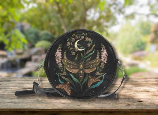 Death's Head HAWKMOTH & SNAPDRAGON FLOWERS Round Crossbody Bag,  Mystical Moth Shoulder Bag, Witchcore Sling Bag