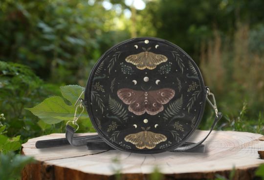 Magical Emperor Moth Round Crossbody Bag, Mystical Moth Bag, Moon Moth Messenger Bag, Butterflies Drum Sling Bag