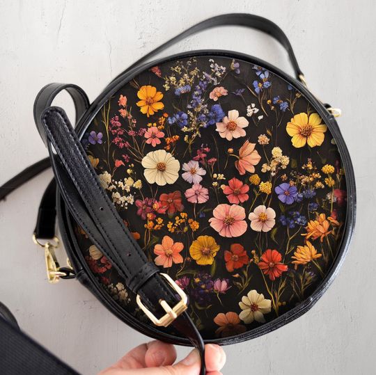 Colorful Pressed Wildflowers Round Messenger Bag Flowers Blooms Shoulder Purse Cute Nature Garden Botanical Crossbody Bag Black Floral Gift