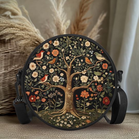 Tree of Life Satchel Bag, Round Handbag, Crossbody Bag for Phone Wallet,  Cottagecore Fashion, Boho Bag, Gift for Woman, Bird bag Forest Bag