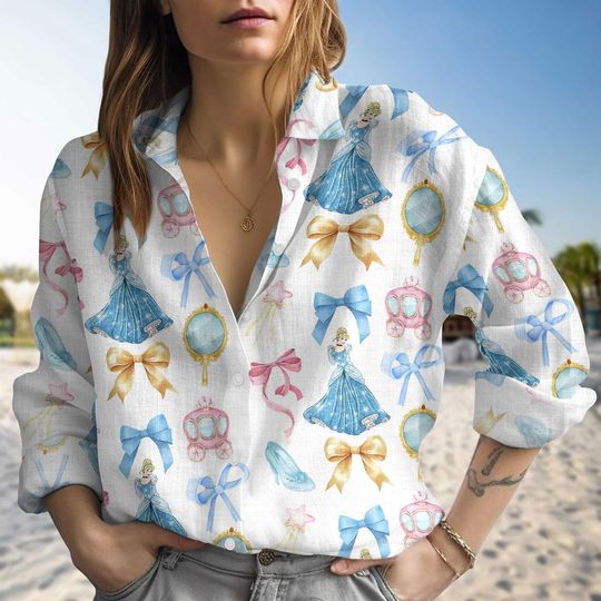 Cinde Linen Shirt for Women, Blue Princess Button Down, Magical Vacation Outfit, Gift for Her, Disney Blouse Linen Shirt