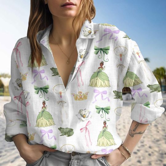 Tiana Princess Linen Shirt, Green Disney Blouse for Women, Magical Vacation Outfit, Fairytale Gift for Her, Summer Linen Shirt