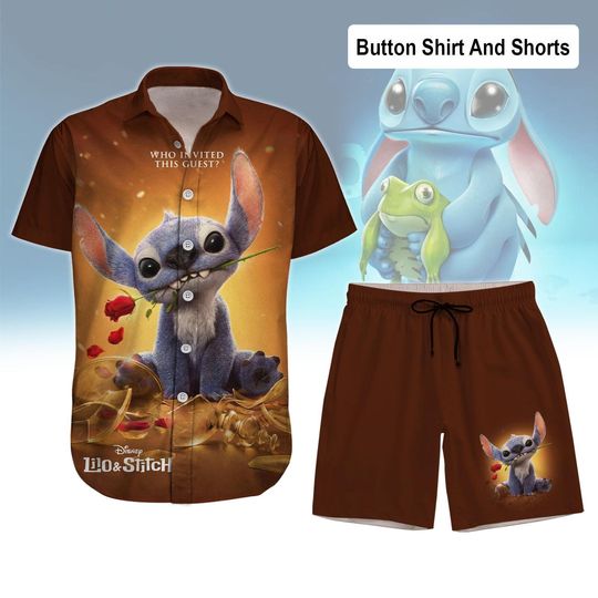 Stitch Button Shirt and Shorts, Disney Shirt, Lilo And Stitch Hawaiian Shirt, Ohana Means Family Vacation Shirt, Who Invited This Guest