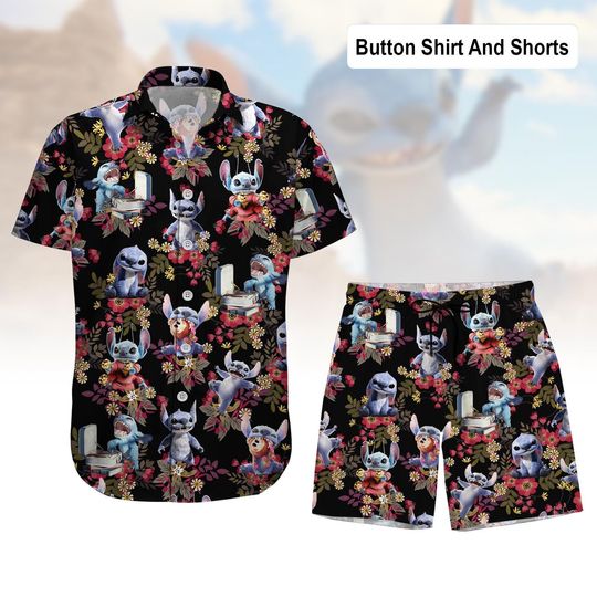 Stitch Button Shirt and Shorts, Disney Shirt, Lilo And Stitch Hawaiian Shirt, Summer Beach Vacation Shirt, Movie Cartoon Clothes Outfit