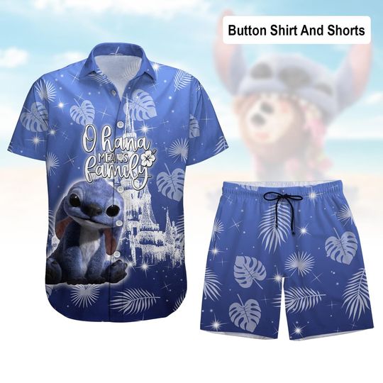 Stitch Button Shirt And Shorts, Disney Tropical Summer Beach Shirt, Lilo And Stitch Hawaiian Shirt, Ohana Means Family Vacation Shirt