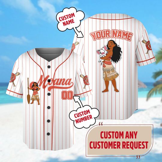 Personalized Disney Moana Baseball Jersey, Custom Name Kid Adult Shirt, Magic Kingdom Trip Baseball Outfit, Princess Birthday Girl Gift