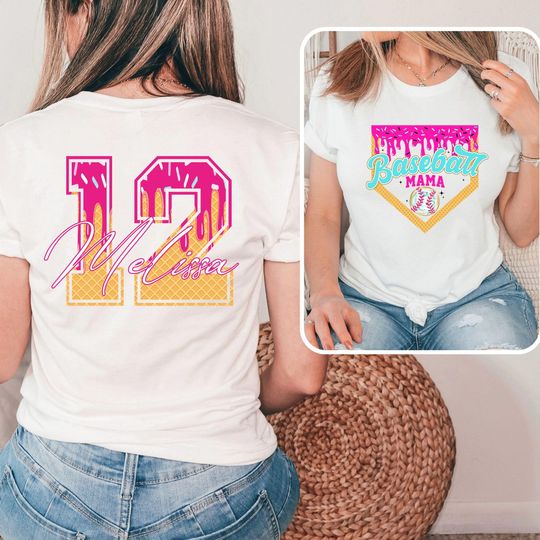 Personalized Baseball Number Shirt, Custom Baseball Mama Drip Shirt, Game Day Ice Cream Drip Tees, Team Mom Tshirt, Baseball Season T-Shirt