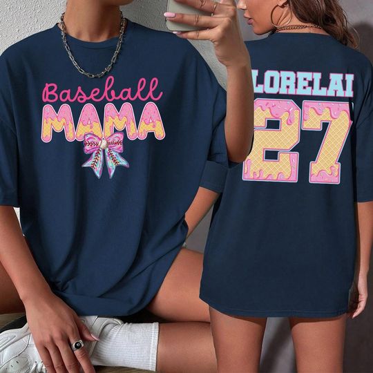 Custom Baseball Drip Mama Shirt, Personalize Baseball Jersey Number, Baseball Ice Cream Drip Shirt, Game Day Shirt, Baseball Season
