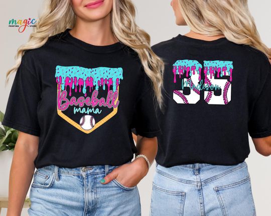 Custom Baseball Mama Drip Shirt, Personalized Baseball Number Drip Shirt,Baseball Ice Cream Drip Tee, Baseball Mom Tee,Game Day Baseball Tee