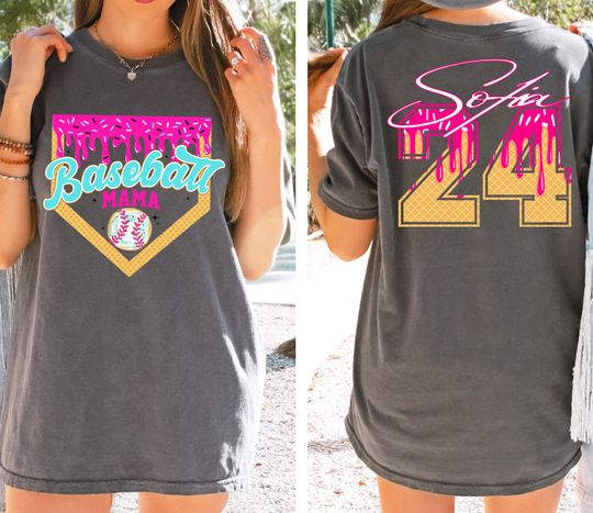 Custom Baseball Mama Shirt, Personalized Baseball Mom T-Shirt, Ice Cream Drip Shirt, Baseball Team Mom Tee, Mother's Day Gift