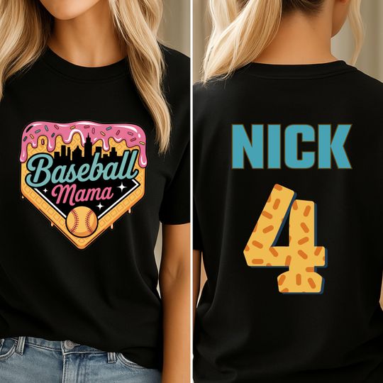 Custom Baseball Mama Shirt, Drip Ice Cream Team Mom Tee, Personalized Tball Jersey, Mother's Day Gift, Name & Number Included, Mother's Day