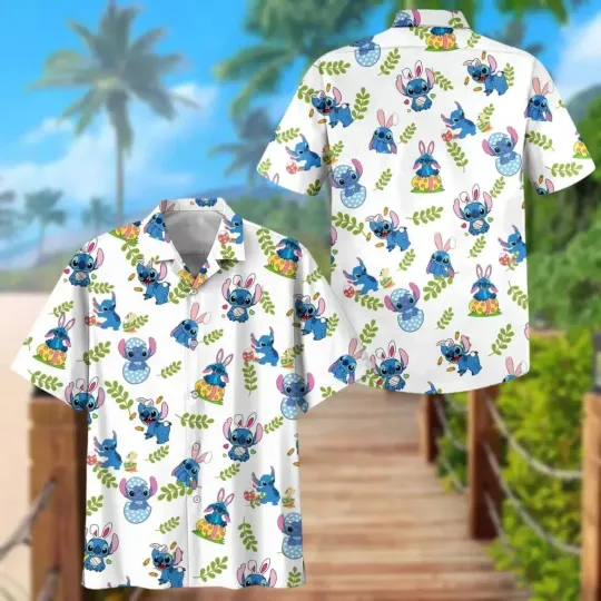 Stitch With Easter Eggs Hawaiian Button Down Shirt