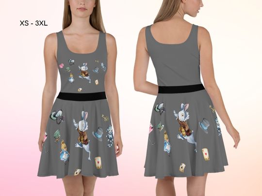 Alice in Wonderland Cheshire Cat Grey Skater Dress, Halloween Dress, Cosplay, Gift for Her, Birthday Gift, Mad Hatter Tea Party