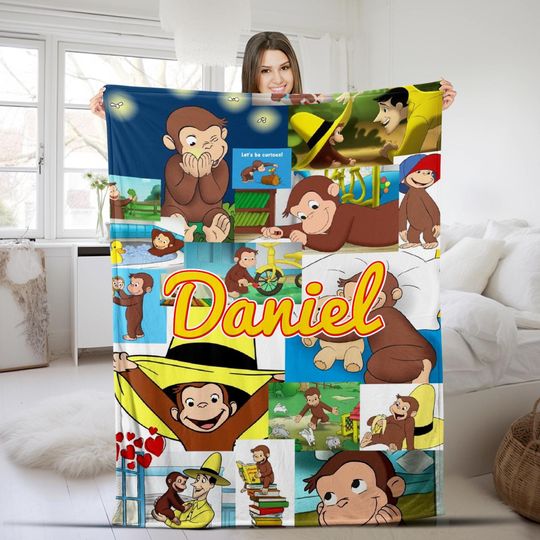 Personalized Curious George Blanket Curious George Throw Blanket, Curious George Birthday, Curious George Throw Blanket Couch Sofa