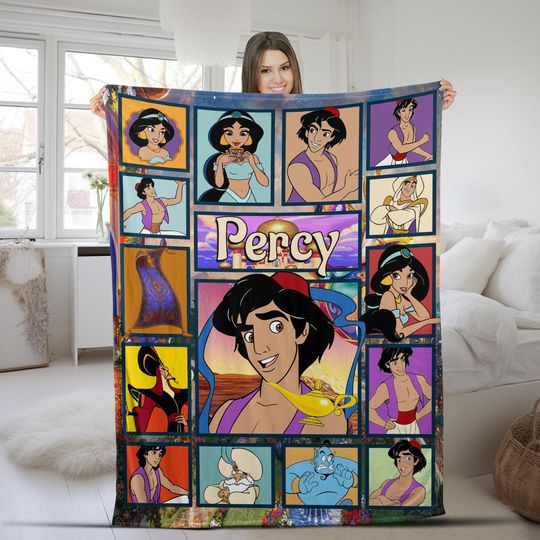 Personalized Watercolor Disney Aladdin Blanket,Custom Name Disney Princess Birthday Girl Gift,Disneyland