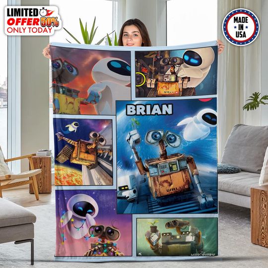 Personalize Disney Wall-e Love Blanket, Pixar WALL-E EVE Couple Disney Valentine Blanket, Galaxy Robot Lovers Baby Kids Birthday Gift