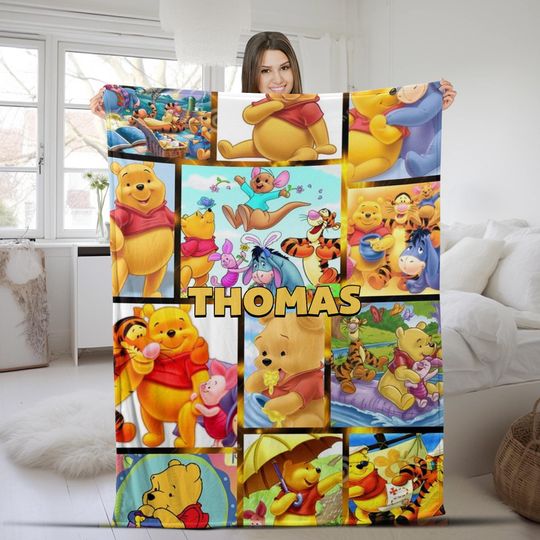 Customized Winnie-the-Pooh Blanket Personalized Photo Flannel Couch Nap Office Blanket Bedding Christmas Comfortable Bedroom Birthday