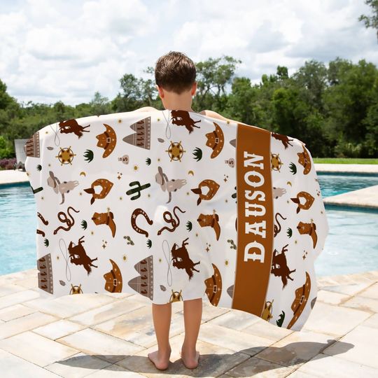 Kid Cowboy Beach Towel Western Cowboy Theme Beach Towel Cowboy Baby Pool Towel With Name Cowboy Gift Birthday Party Favor Hat and Boot Towel