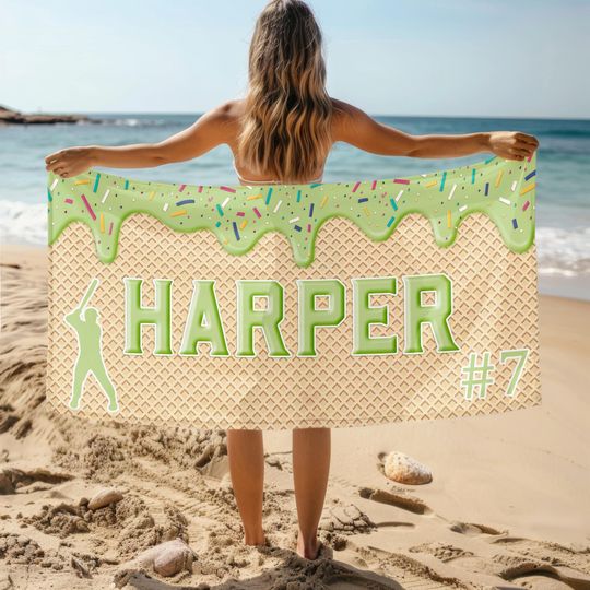 Personalized Ice Cream Drip Baseball Beach Towel For Boys, Oversized Custom Monogram Pool Towel,  Beach Towel For Kids,  Vacation Gift