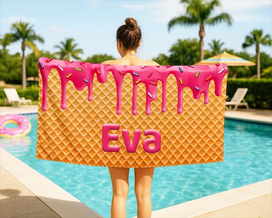Personalized Ice Cream Drip Beach Towel Birthday Gift For Boys and Girls, Vacation Towel Gift, Name Pool Towel For Adult/kids, Cruise Towel