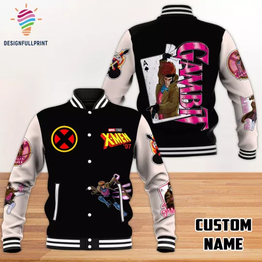 Black and Dust Pink X-Men ’97 Gambit Remy Etienne LeBeau Fan Baseball Jacket
