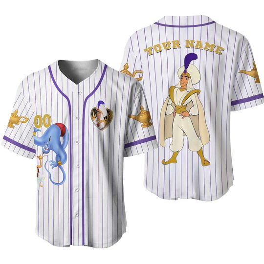 Personalize Disney Aladdin Prince Purple White Jersey, Custom Kid Youth Adult Baseball Jersey, Custom Disney Shirt