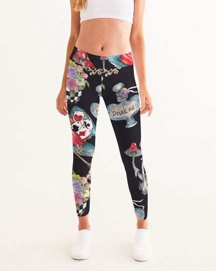 Alice in Wonderland Leggings, Black Steampunk Yoga Costume Pants, Cosplay Gift for Her