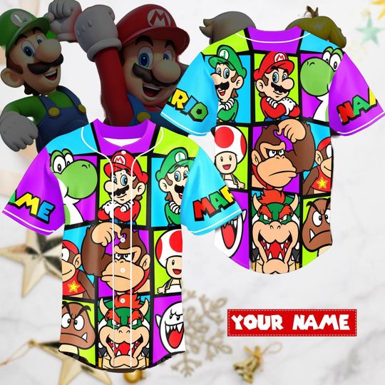 Personalized Super Mario Gaming Baseball Jersey, Mario Luigi Bowser Toad Donkey Kong Baseball Shirt, Mario Gaming Birthday Gift For Kid