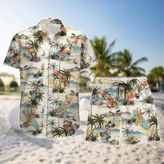 Mickey Surfing Hawaiian Shirt Set, Disney Beach Vacation Outfit, Mickey Summer Wear, Retro Tropical Resort Shirt, Family Cruise Fashion
