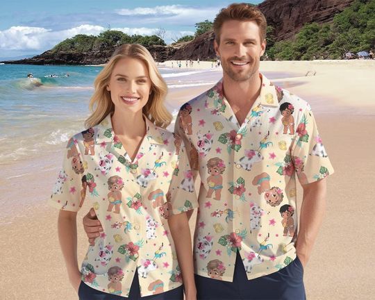 Disney Moana Hawaiian Shirt, Moana Hawaiian Shirt, Pua and Hei Hei Shirt, Disney Summer Shirt, Disney Watercolor Shirt, Disneyland Hawaiian