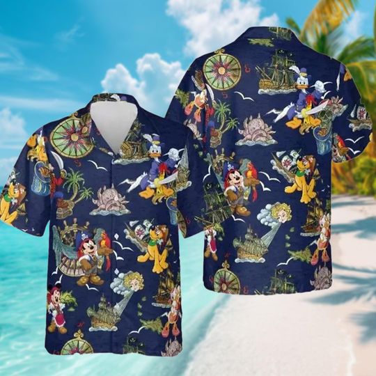 Disneyland Pirates of The Caribbean Hawaiian Shirt, Disney Mickey Mouse Pirate Magic Kingdom Button Up Shirts, Donald Goofy Pluto Hawaii Tee