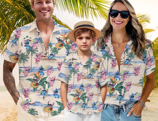 Stitch and Angel Hawaiian Shirt, Stitch Couple Button Up, Stitch Hawaiian Shirt, Stitch Summer Shirt, Disney Aloha Shirt,Lilo and Stitch Tee