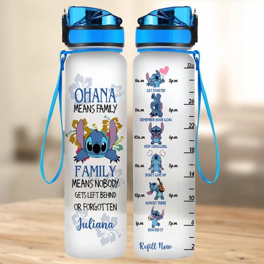 Lilo And Stitch Bottle, Custom Ohana Means Family Water Bottle, Stitch Water Bottle With Time Tracker, Disney Trip Merch, Gift For Fan