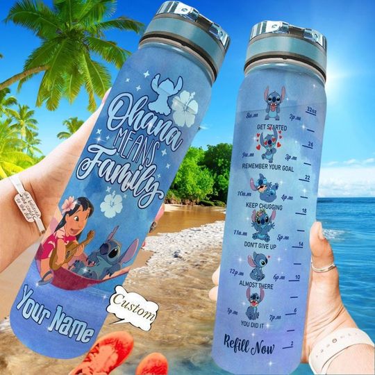 Blue Stitch Ohana Means Family Water Bottle 32oz, Custom Name Tracker Gift, Disney Inspired, Water Bottle 32oz Gift, Gift For Mom