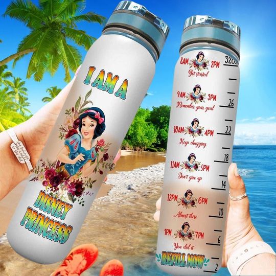 Snow White Disney Princess Water Bottle 32oz, Snow White Water Bottle, Refill Reminder Motivational Tracker Cup, Summer Gift