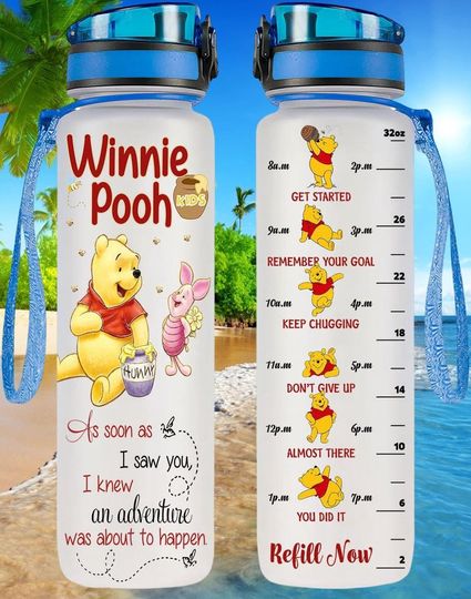 Winnie the Pooh Water Bottle 32oz, Adventure Begins Quote, Time Marker Hydration Tracker, Cute Disney Gift, Water Bottle Summer Gift