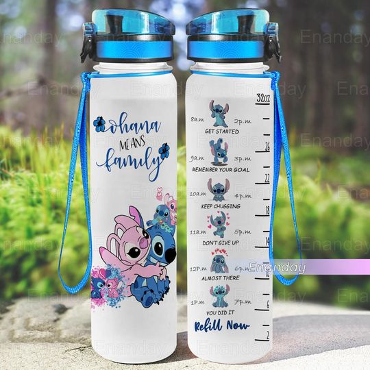 Stitch Water Tracker Bottle, Stitch And Angle Water Bottle, Ohana Means Family Water Bottle, Drink Bottle, Fitness Bottle, Gifts For Women
