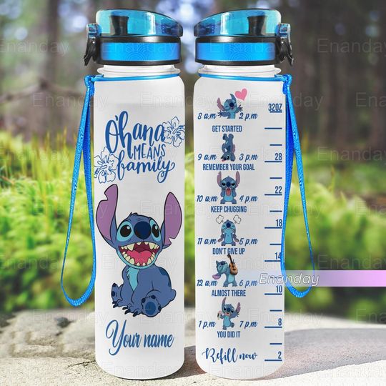 Stitch Water Bottle, Personalized Stitch Water Tracker Bottle, Ohana Means Family Water Bottle, Motivational Bottle, Gifts For Her