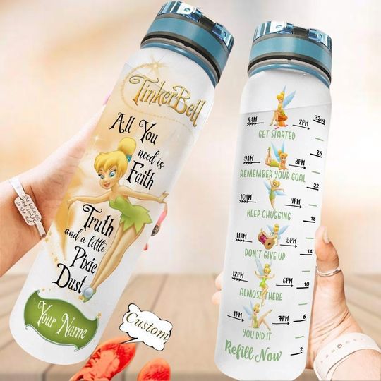 Personalized Tinker Bell Water Tracker Bottle, Disney Fairy Tail Water Bottle, Peter Pan 32oz Tumbler, Disney Princess Water Bottle