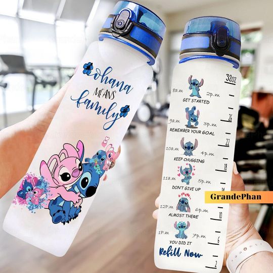 Stitch And Angel Water Bottle, Stitch Drink Bottle, Disney Stitch Bottle, Motivational Bottle, Lilo And Stich, Stich 32oz Water Bottle