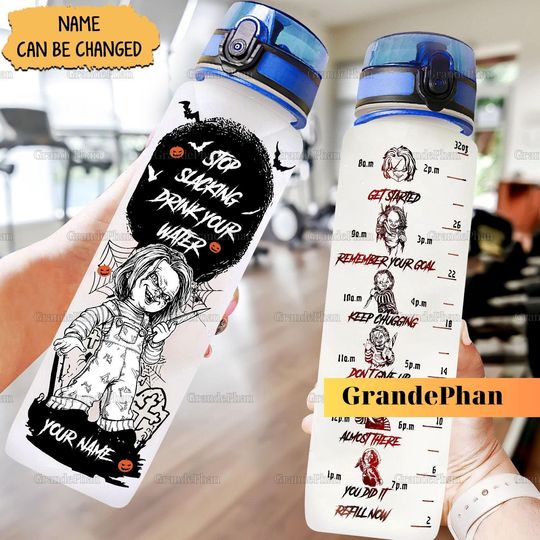 Chucky Water Tracker Bottle, Personalized Chucky Bottle, Horror Movie Bottle, Bride Of Chucky, Halloween Water Bottle With Strap 32 oz