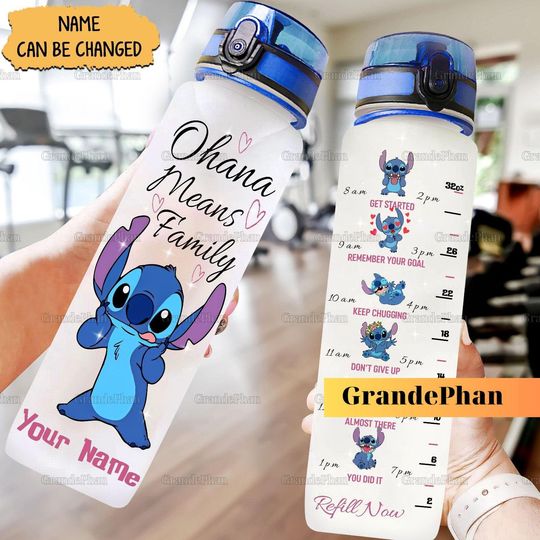 Stitch Water Tracker Bottle, Stitch 32oz Motivational Bottle, Personalized Bottle, Ohana Means Family, Water Bottle With Strap 32 oz
