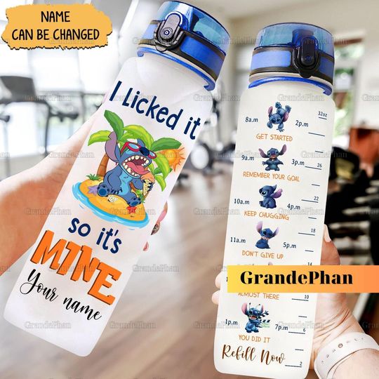 Stitch Water Tracker Bottle, Stitch Drink Bottle, Plastic Water Bottle, Custom Name Stitch Bottle, Ohana Means Family Bottle 32oz