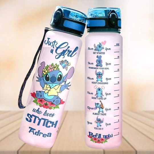 Custom Just Girl Love Stitch Water Tracker Bottle, Funny Stitch Water Bottle, Disney Trip Fitness Bottle, Ohana Means Family Bottle