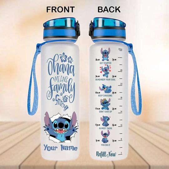 Stitch 32oz Water Tracker Bottle, Ohana Means Family Bottle With Custom Name, Disney Trip Bottle, Cartoon Water Bottle, Stitch Gifts