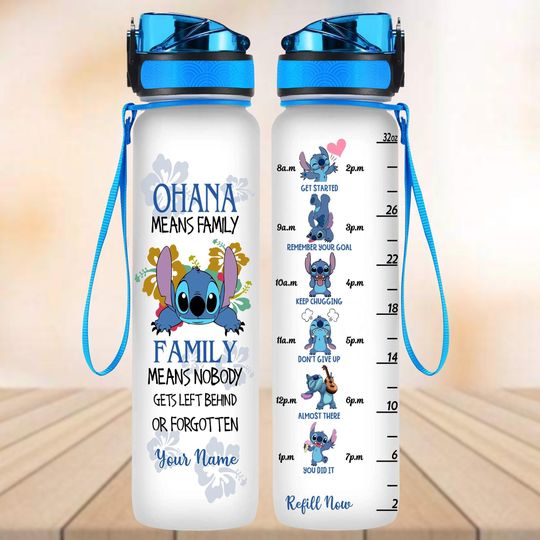 Custom Stitch Aloha Water Tracker Bottle, Ohana Means Family Water Bottle, Disney Vacation 32oz Bottle, Fitness Bottle For Summer Gift