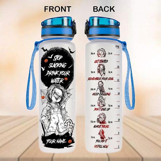 Custom Chucky Water Tracker Bottle, Chucky Doll 32oz Water Bottle, Bottle For Horror Movie Fans, Wanna Play Bottle, Chucky Series Gifts